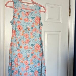 Floral Midi Dress Pink Peach Blue S with Pockets